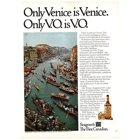 1974 Seagram's VO Canadian Whisky Only Venice Vintage Print Ad Italy Gondola Art - Picture 1 of 1